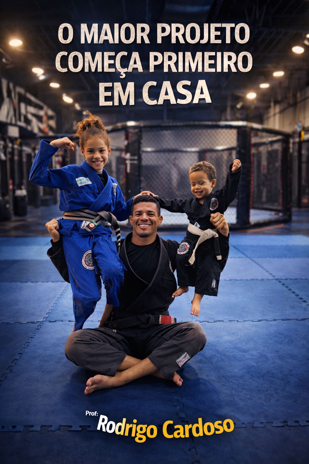 Professor Rodrigo com os dois filhos no octogono